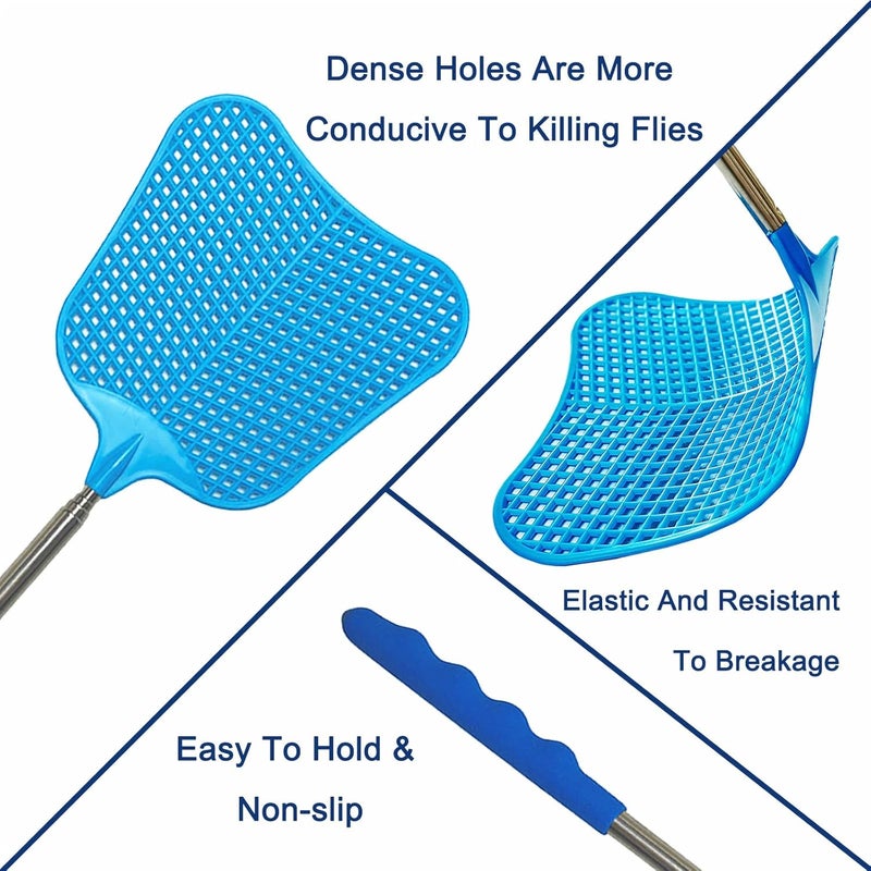 MILEDU Telescopic Fly Swatters, Long Plastic Extendable Fly Swatter Manual, Retractable Swatters, Telescoping Swat, Stainless Steel Handle, Swatting Flies, Spiders, etc.,3Pcs (Black+Black+Blue) - Image 3